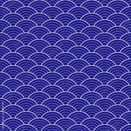 Vector seamless pattern. Traditional Asian pattern qinhai wave. White dots on blue background