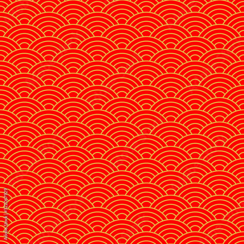 Vector seamless pattern. Traditional Asian pattern qinhai wave in red and yellow