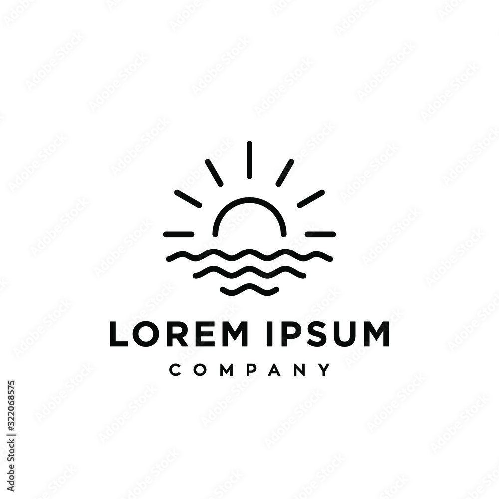 Fototapeta premium simple line sun and beach sunset sunrise logo with water icon illustration 