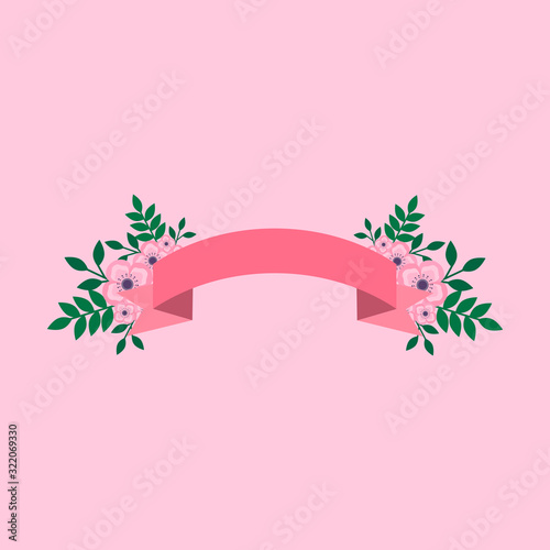 This is pink ribbon with flowers, leaf. Set of pink tape isolated on pink background. Could be used for flyers, banners, postcards, holidays decorations.