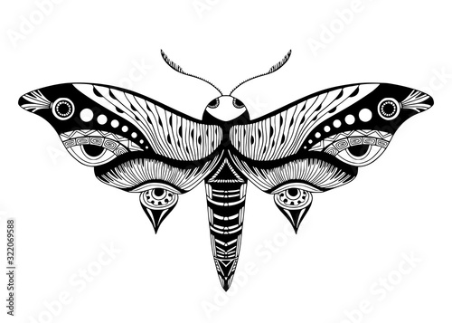 Night butterfly illustration. Printable t-shirt design. Logo or poster. Tattoo art.