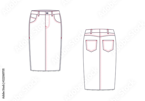 Technical drawing of midi jean skirt. Fashion template.