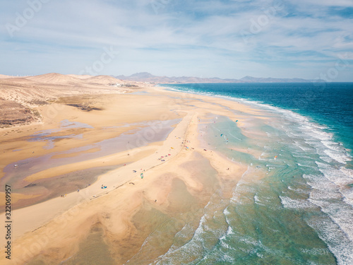 Sotavento beach at high tide, Fuerteventura, Canary islands. Aerial view