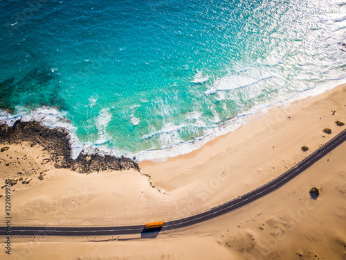Directly above bus road and beach at Corralejo sand dunes, Fuerteventura, Canary photo