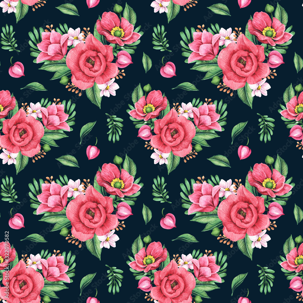 Seamless pattern with flowers hearts on a blue background. Watercolor illustrations for design of wallpaper, fabric, wrapping paper and others. Seamless pattern with flowers hearts on a blue background. Watercolor illustrations for design of wallpaper, fabric, wrapping paper and others.