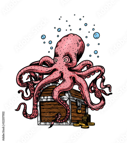 Sea octopus sitting on a pirate chest with gold. Nautical or marine devilfish, ocean poulpe. Hand drawn monochrome retro engraved old sketch. Vector illustration for tattoo or emblems.