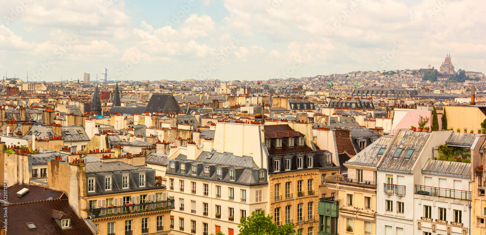 Panoramic view, aerial skyline of Paris on city center, Sacre Coeur Basilica, churches and cathedrals, architecture, roofs of houses, streets landscape, Paris, France