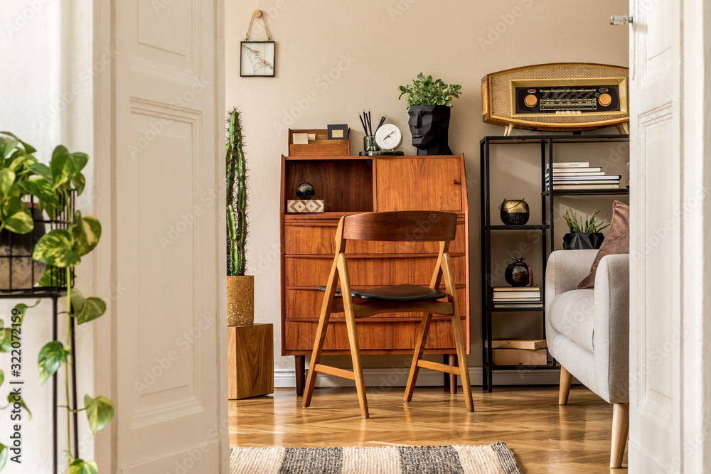 Stylish and vintage interior design of open space with wooden retro  cabinet, design chair, sofa, shelf, radio, cacti, plants and elegant  personal accessories. Template. Modern vintage home decor. Stock Photo |  Adobe