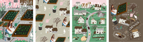 Garden, agriculture and farm. Vector illustration of gardening and spring sowing work on the garden bed, background with a pattern, landscape of nature and village. Drawing for poster, banner or card.