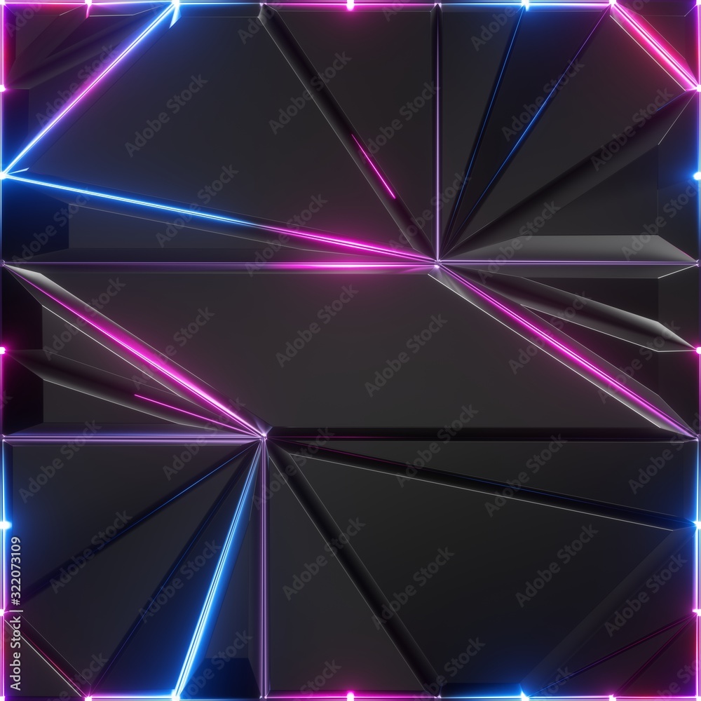 Naklejka 3d render, abstract black faceted background, pink blue glowing neon lines, modern fashion texture, geometric polygonal grid structure