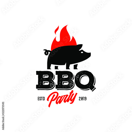 Vintage hipster Grill Barbeque pig pork icon on fire flame invitation party barbecue bbq illustration