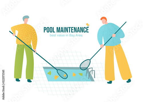 Two man cleaning pool with manual skimmers