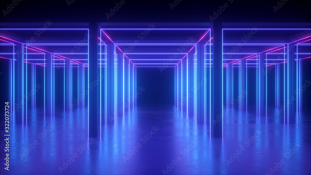 3d render, abstract blue neon geometric background, cubic shape, lines glowing in ultraviolet light, long tunnel, empty corridor, square box construction 3d render, abstract blue neon geometric background, cubic shape, lines glowing in ultraviolet light, long tunnel, empty corridor, square box construction