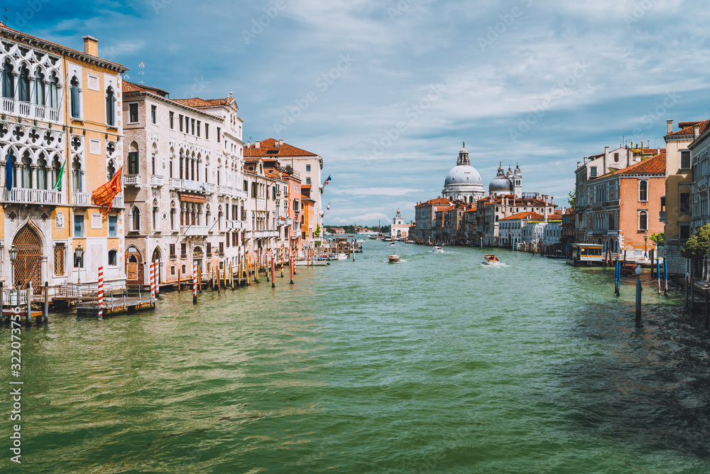 Venice, Italy. Beautiful view of Grand Canal and Basilica Santa Maria della Salute at sunny spring day