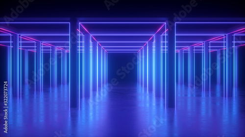 3d render, abstract blue neon geometric background, cubic shape, lines glowing in ultraviolet light, long tunnel, empty corridor, square box construction