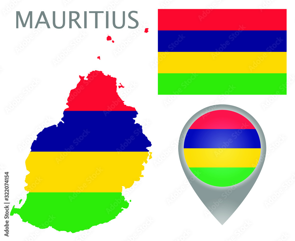 Obraz premium Colorful flag, map pointer and map of Mauritius in the colors of the Mauritius flag. High detail. Vector illustration