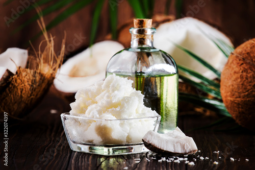MCT Coconut butter or coconut oil. Organic healthy food, beauty and SPA concept. Copy space photo