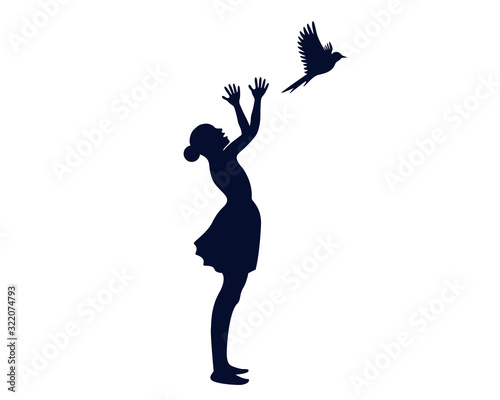Young Woman Silhouette Releasing A Bird Vector Illustration