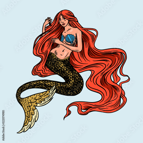Sea mermaid girl with red hair. Nautical or marine nixie, ocean water nymph or undine. Hand drawn monochrome retro engraved old sketch. Vector illustration for tattoo or emblems.