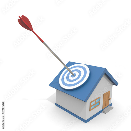 3D illustration. Hit the target house with an arrow. Find a property.