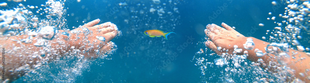 Underwater shoot of a diver swimming in a blue clear water and chases the goldfish, strong hands and lots of bubbles. Point of view shot