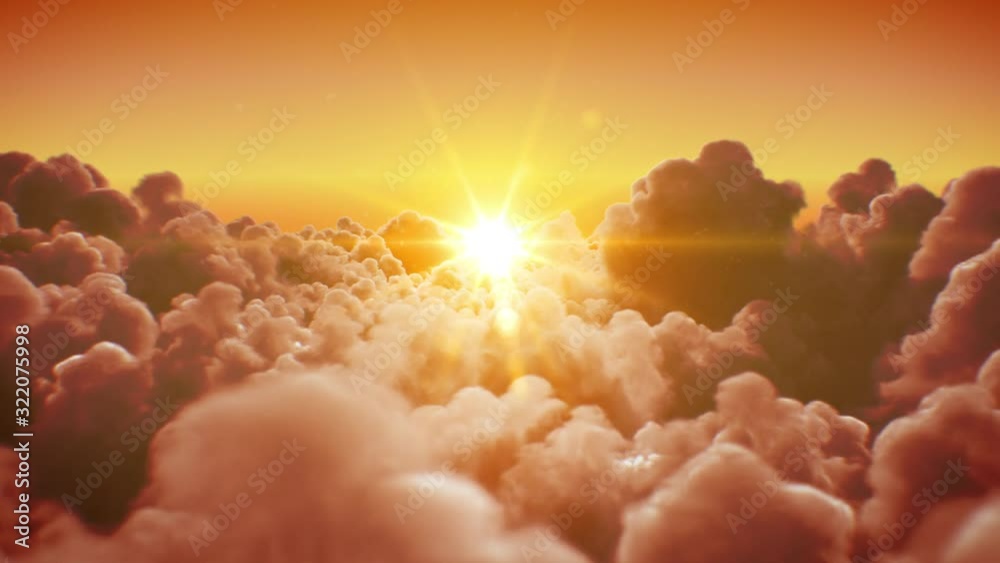 Flying Over the Beautiful Infinite Clouds with the Evening or Morning Sun Shining Bright Seamless. Looped 3d Animation with Sunset or Sunrise Over the Horizon. 4k Ultra HD 3840x2160.