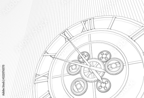 Photography clock, mechanism, sketch, 3d illustration