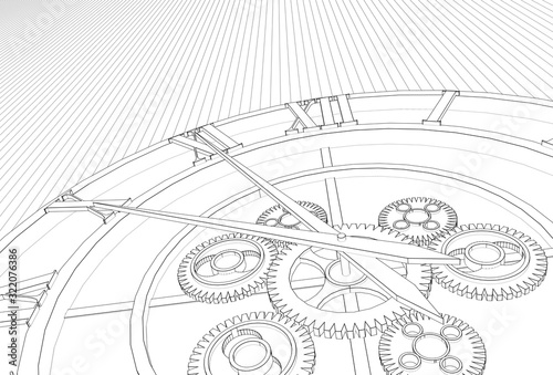 clock, mechanism, sketch, 3d illustration