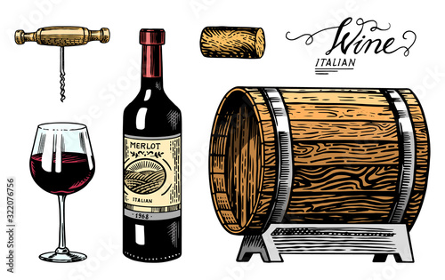 Wine set. Alcoholic drink in the hand. Sparkling champagne, bottle and glass Cheers, wooden barrel. Drawn engraved sketch for bar, restaurant menu.