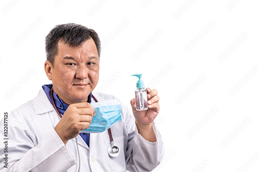 Asian medical doctor recommends facemask and hand sanitizer for protection against virus germs Asian medical doctor recommends facemask and hand sanitizer for protection against virus germs
