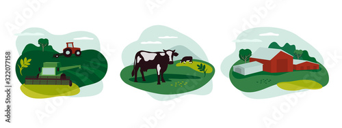 Set of vector icons about agriculture occupation, livestock. Illustration of tractor and combine harvester on field, farming landscape, farm animals and agricultural building, scenery of countryside.