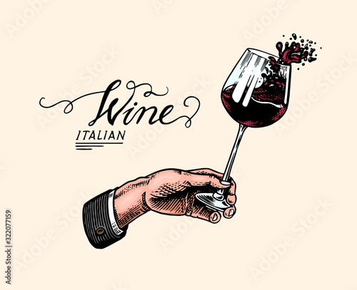 Cheers toast and clink glasses of wine in hand. Celebration concept. Red grape alcoholic drink. Vintage badge. Splashing alcohol Template Label. Semi sweet dry drink. Drawn engraved.