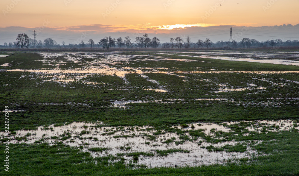 Sunrise over flooded meadows Zwartsluis Netherlands.