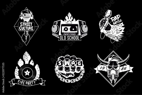 Hip hop vintage icon set. Black and white rap labels. Retro style vector emblem pack. Street culture prints.