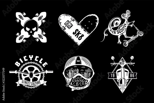 City transport vintage icon set. Retro style vector emblem pack. Skateboard, bike and scooter. Black and white labels.