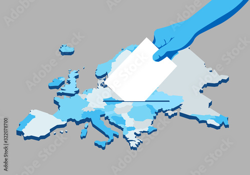 Elezioni Unione Europea, scheda elettorale nella mano, mappa dell'Europa - illustrazione vettoriale