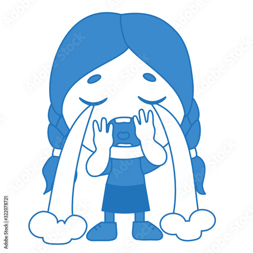 Emoji with a little crying girl from whose eyes a stream of tears pours, emoticon on isolated background