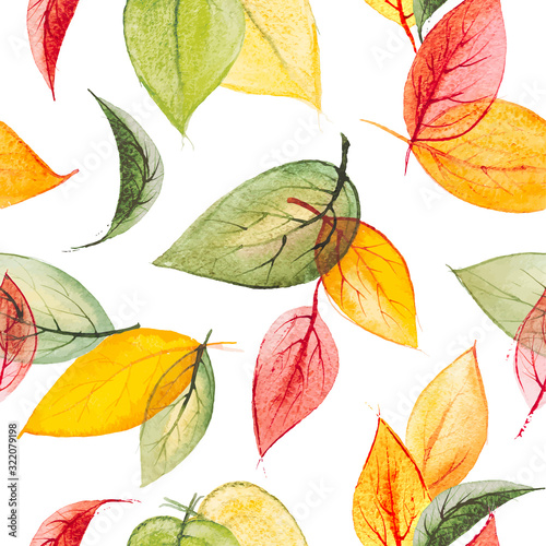 Hand drawn vector watercolor seamless pattern with bright orange yellow green red autumn leaves on the white background