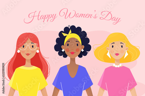 International Women's Day. Vector illustration of three women with different hair styles and skin color. 