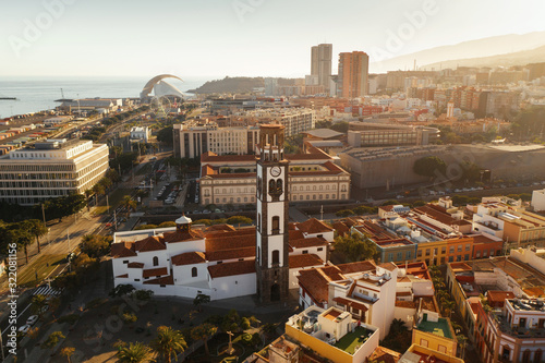Cityscape of Santa Cruz, Tenenife Island.  The main temple of the city, buildings and streets from above.