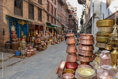 Brass utensils shop with handicrafts and souvenirs at Patan near Kathmandu, Nepal © fotoember