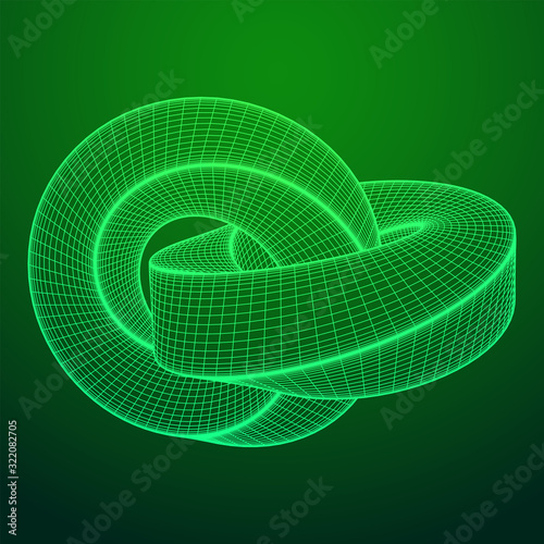 Mobius strip ring knot sacred geometry. Spatial figure with upturned surfaces. Optical illusion with dual circular contour. Wireframe low poly mesh vector illustration.