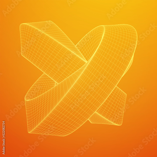 Mobius strip ring knot sacred geometry. Spatial figure with upturned surfaces. Optical illusion with dual circular contour. Wireframe low poly mesh vector illustration.