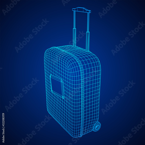Suitcase tourist travel bag. Vacation luggage travelling trip concept. Wireframe low poly mesh vector illustration.