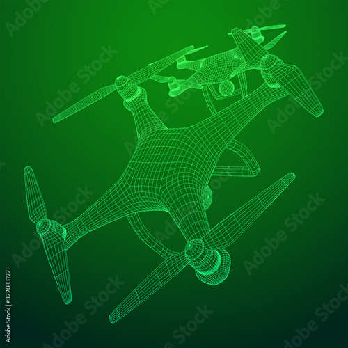 Remote control air drone. Dron flying with action video camera. Wireframe low poly mesh vector illustration