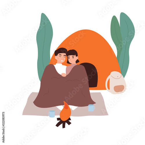 Young couple cuddles under a warm plaid. Man ang girl warm themselves by the fire near the tent. Flat modern cartoon illustration.