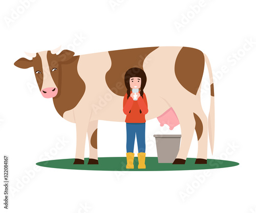 Good cow and little child girl drink milk from a glass. Flat vector cartoon illustration isolated white background.