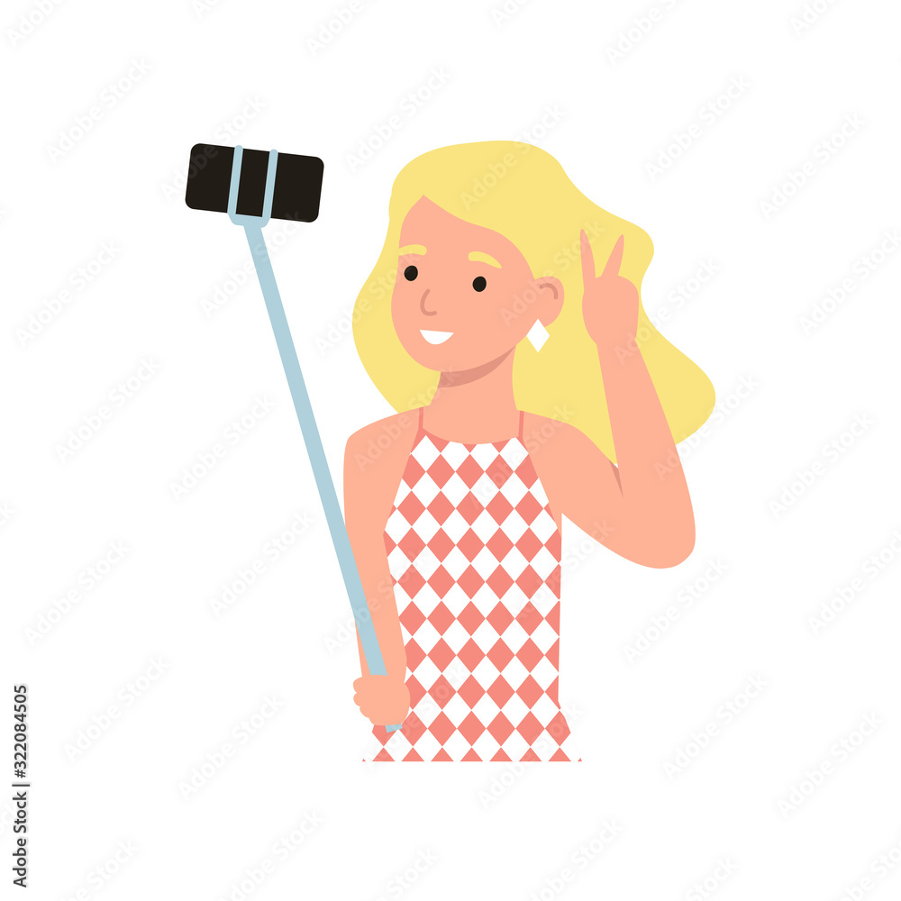 Girl holds selfie stick device and photograph of yourself from a distance on mobile phone. Flat vector modern cartoon illustration. Girl holds selfie stick device and photograph of yourself from a distance on mobile phone. Flat vector modern cartoon illustration.