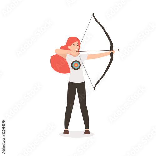 Woman with bow and arrow. Archer girl pulls a bowstring and takes aim. Flat vector cartoon illustration isolated white background.