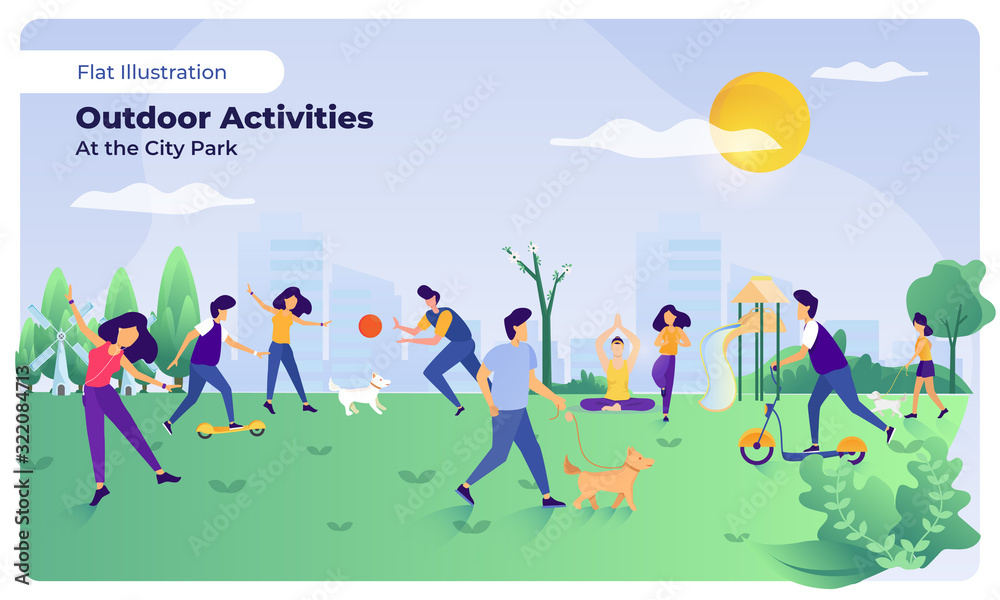 Outdoor activities at the city park on illustration set